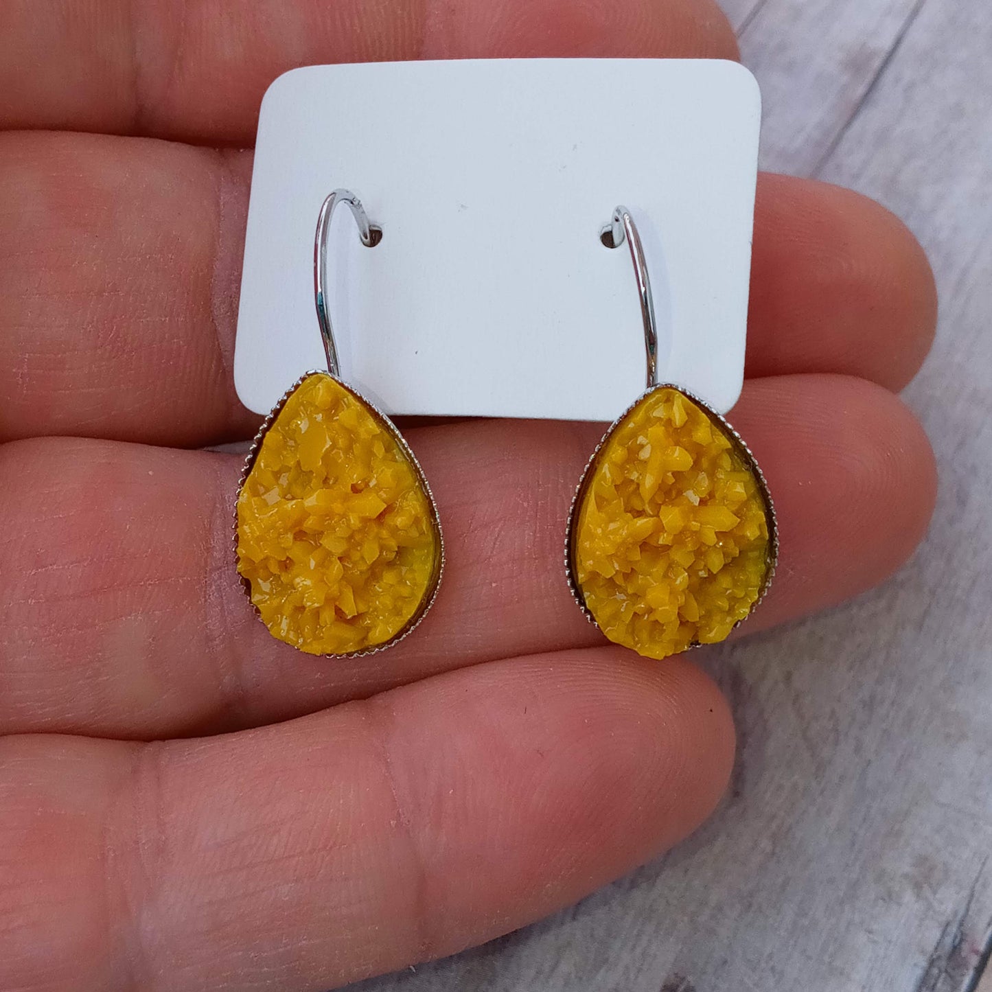 Mustard yellow druzy teardrop French lever dangle