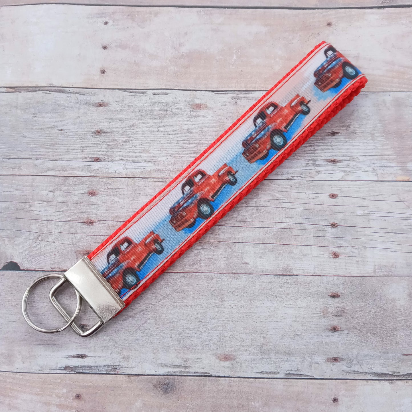Red pickup truck on red webbing keychain 6"