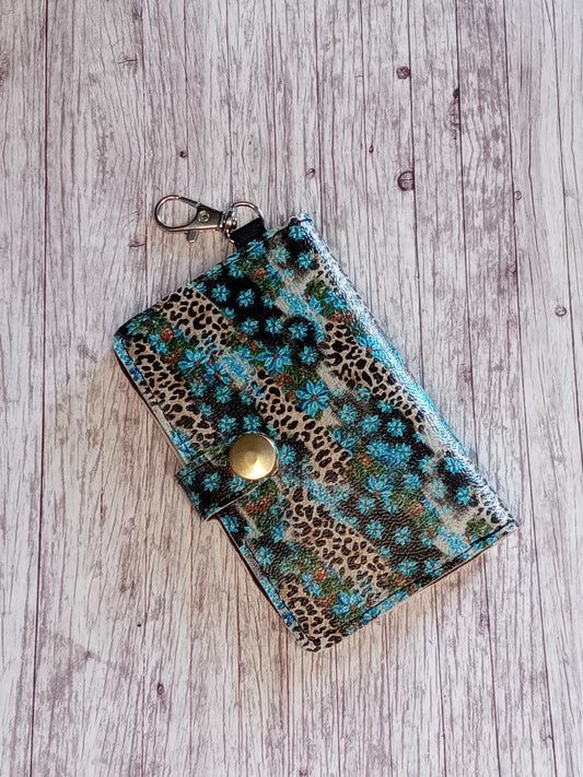 Blue flowers and leopard 2 pocket mini wallet/keychain wallet