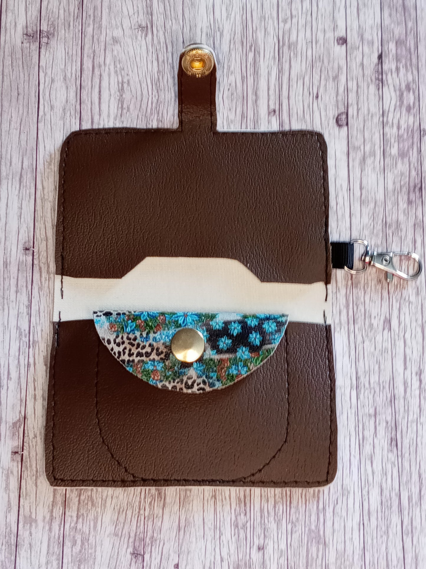 Blue flowers and leopard 2 pocket mini wallet/keychain wallet