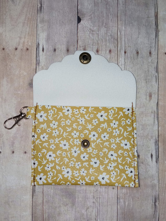 Cream flowers on mustard mini keychain wallet