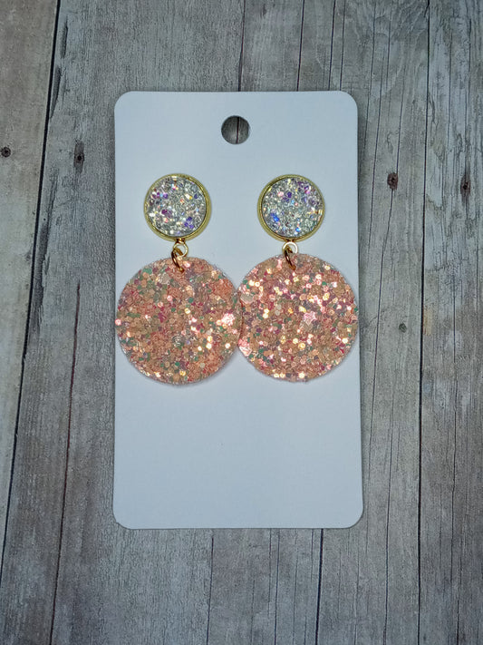 Clear/White druzy and coral glitter circle earrings