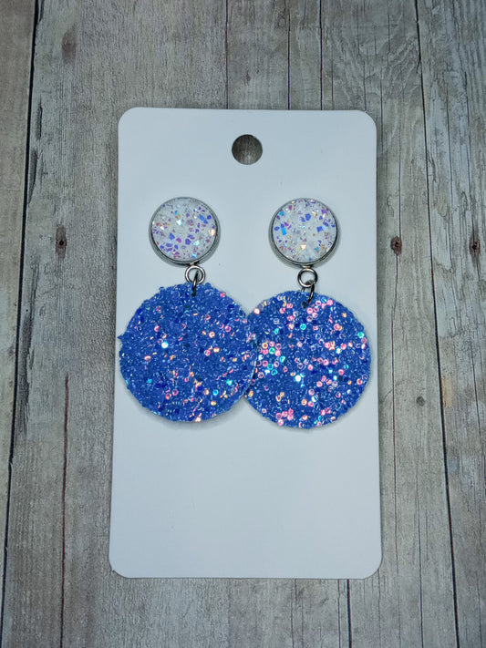 White druzy and blue glitter circle earrings