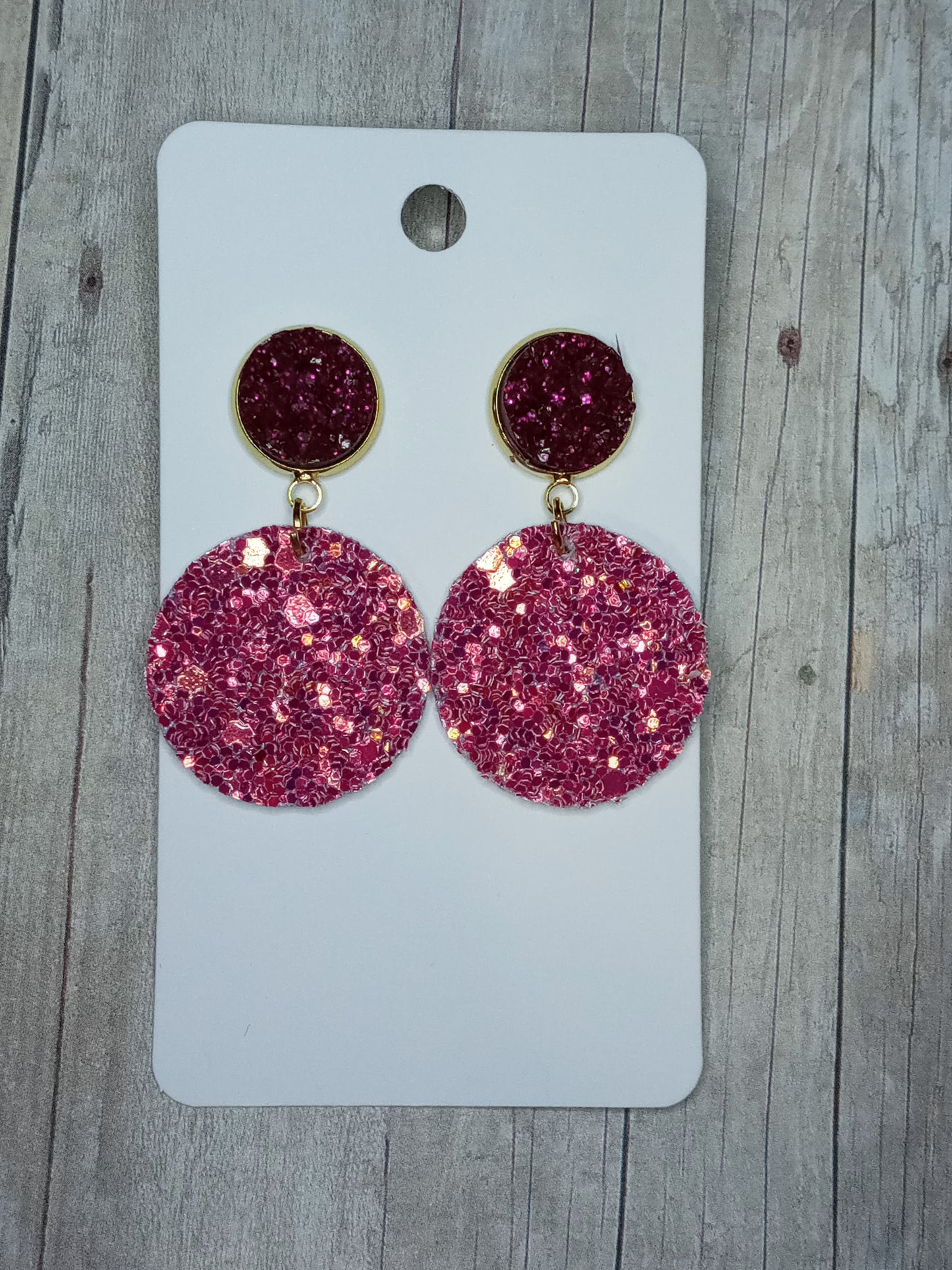 Fuschia druzy and glitter circle earrings