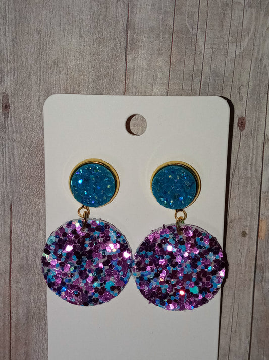 Medium blue and multi color purple glitter circle earrings