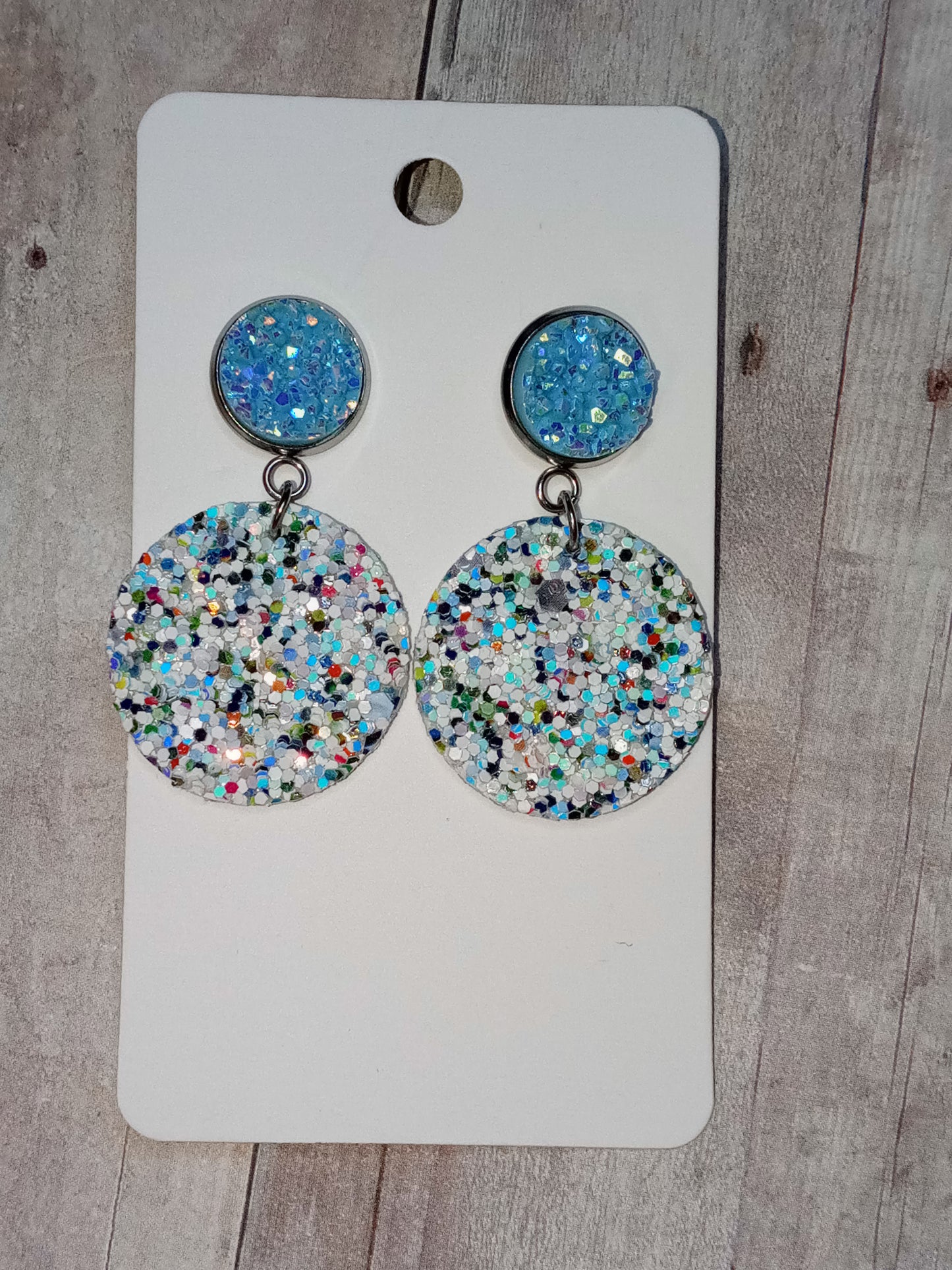 Light blue druzy and multi-color glitter earrings