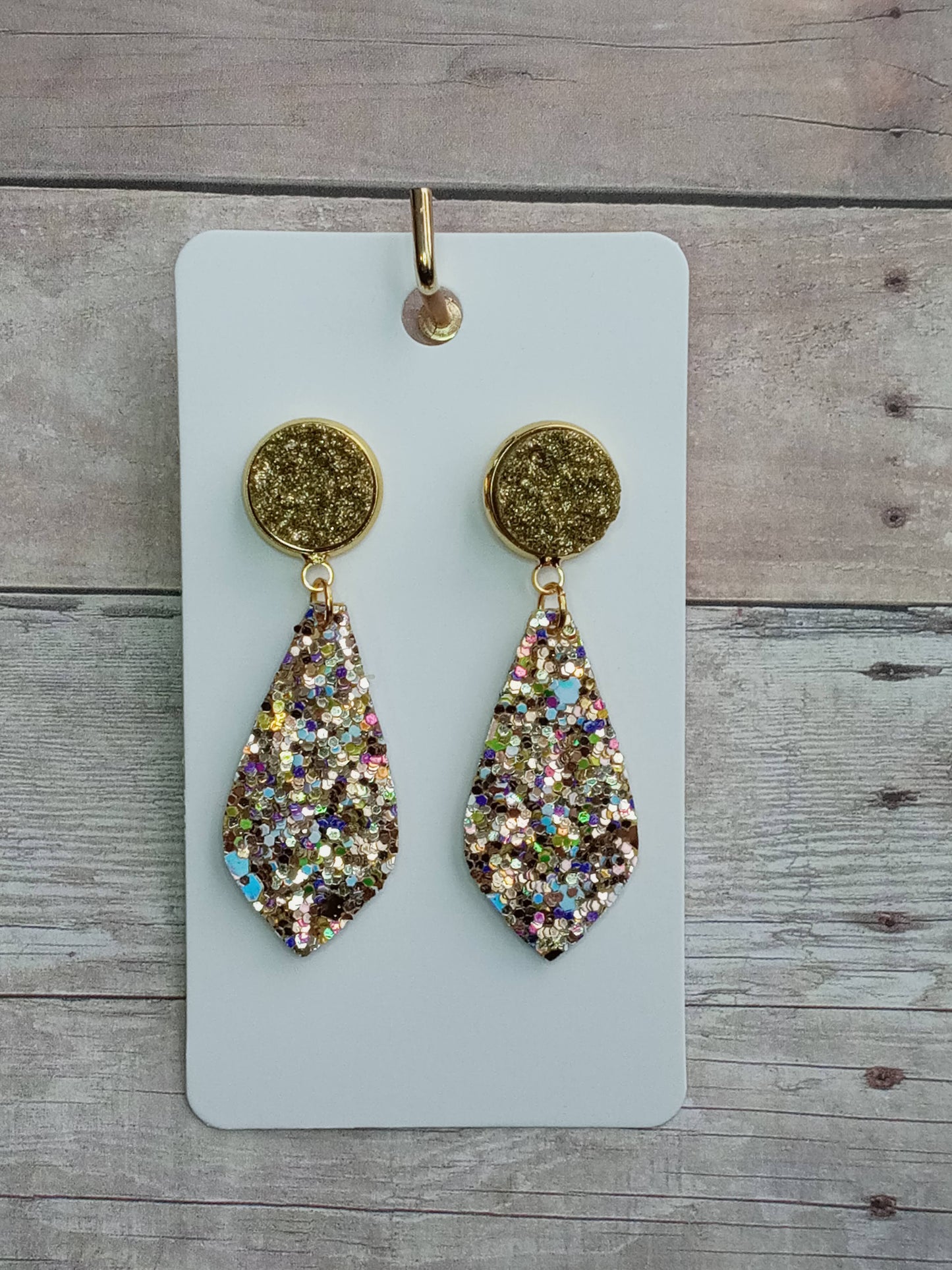 Gold druzy and multi color gold glitter dangle earrings