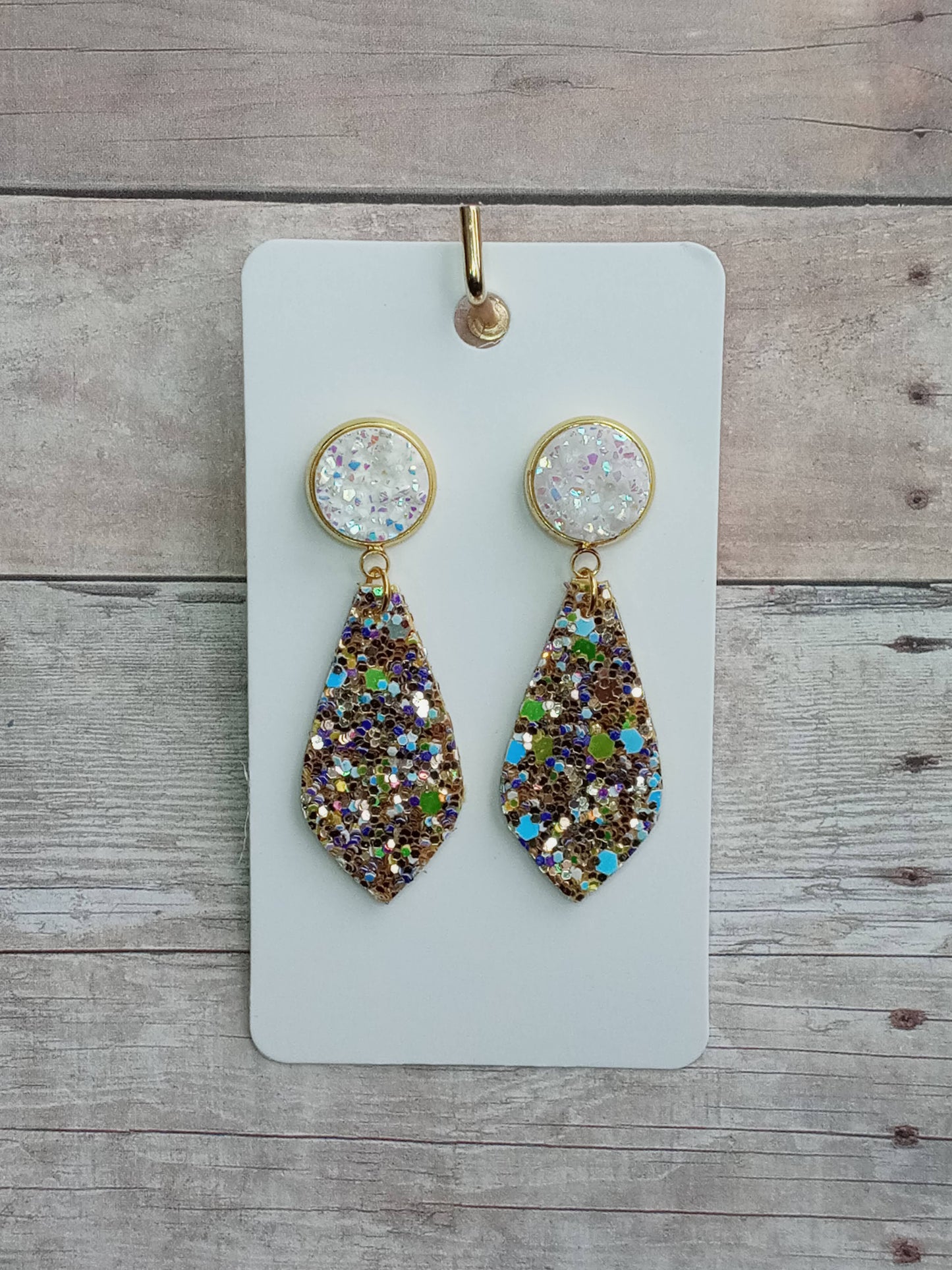 White druzy and multi color gold glitter dangle earrings