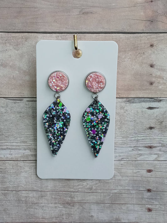 Pink druzy and multi color dark silver glitter dangle earrings