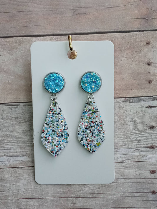 Teal blue druzy and multi color glitter dangle earrings