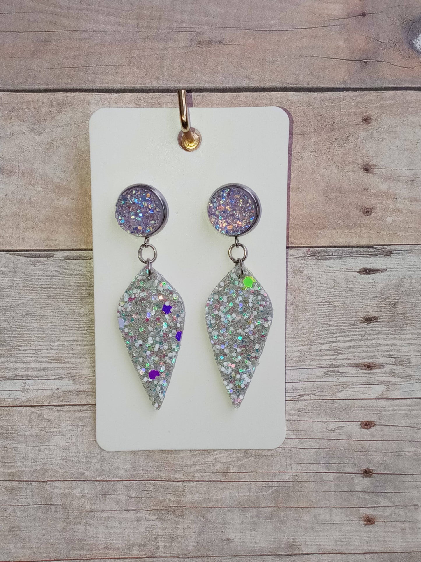 Light purple druzy and multi-color silver glitter dangle earrings