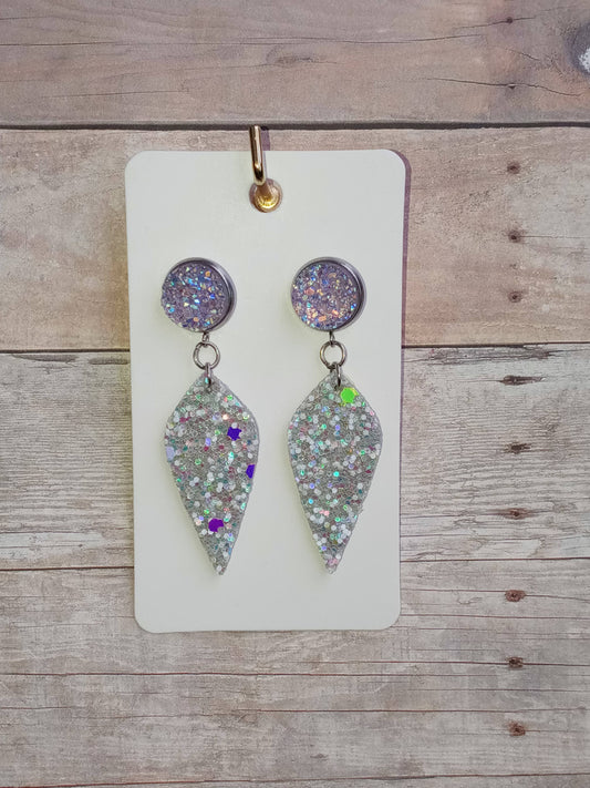 Light purple druzy and multi-color silver glitter dangle earrings