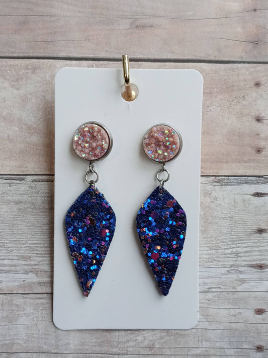 Muave pink druzy and multi-color blue glitter dangle earrings