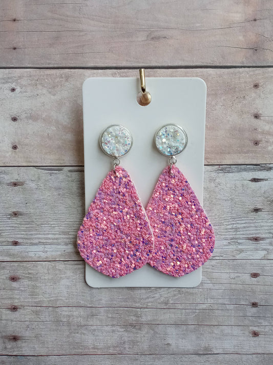 White druzy and pink/purple glitter dangle earrings