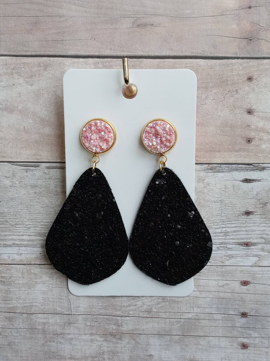 Pink druzy and black glitter dangle earrings