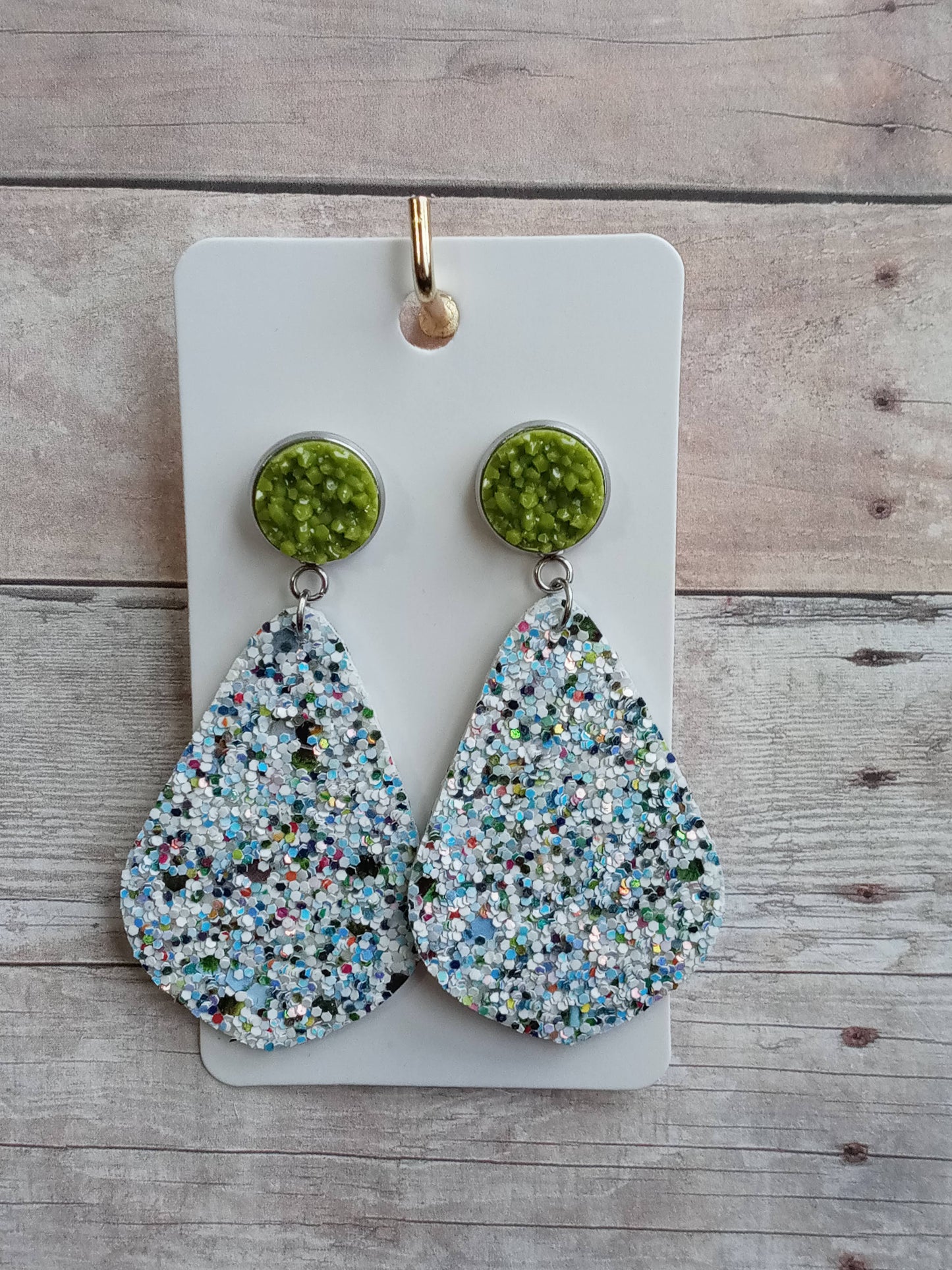 Olive Green druzy and multi-color glitter dangle earrings