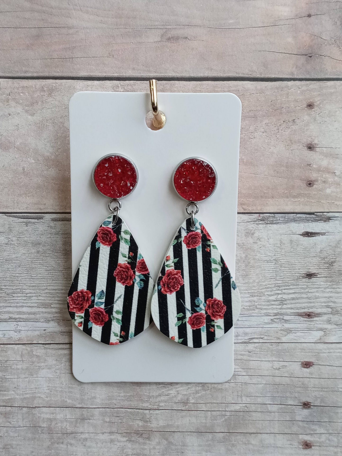 Red druzy and black and white striped dangle earrings