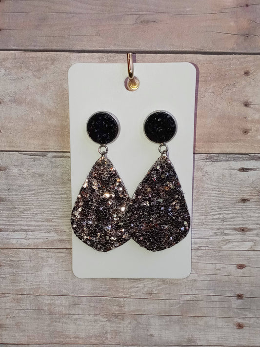 Black druzy and dark grey/silver dangle earrings