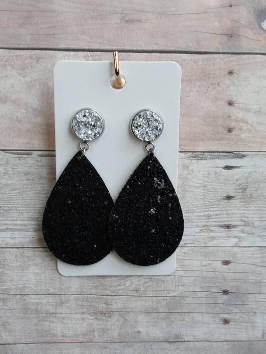 Silver druzy and black glitter dangle earrings