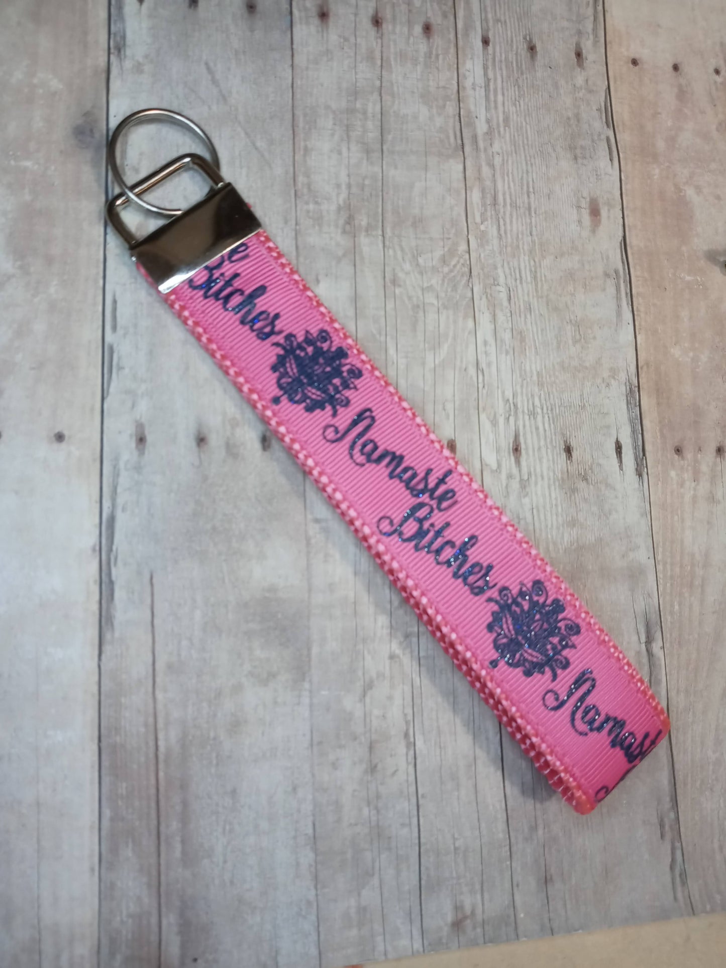 Namaste Bitches pink and glitter blue 6" keychain