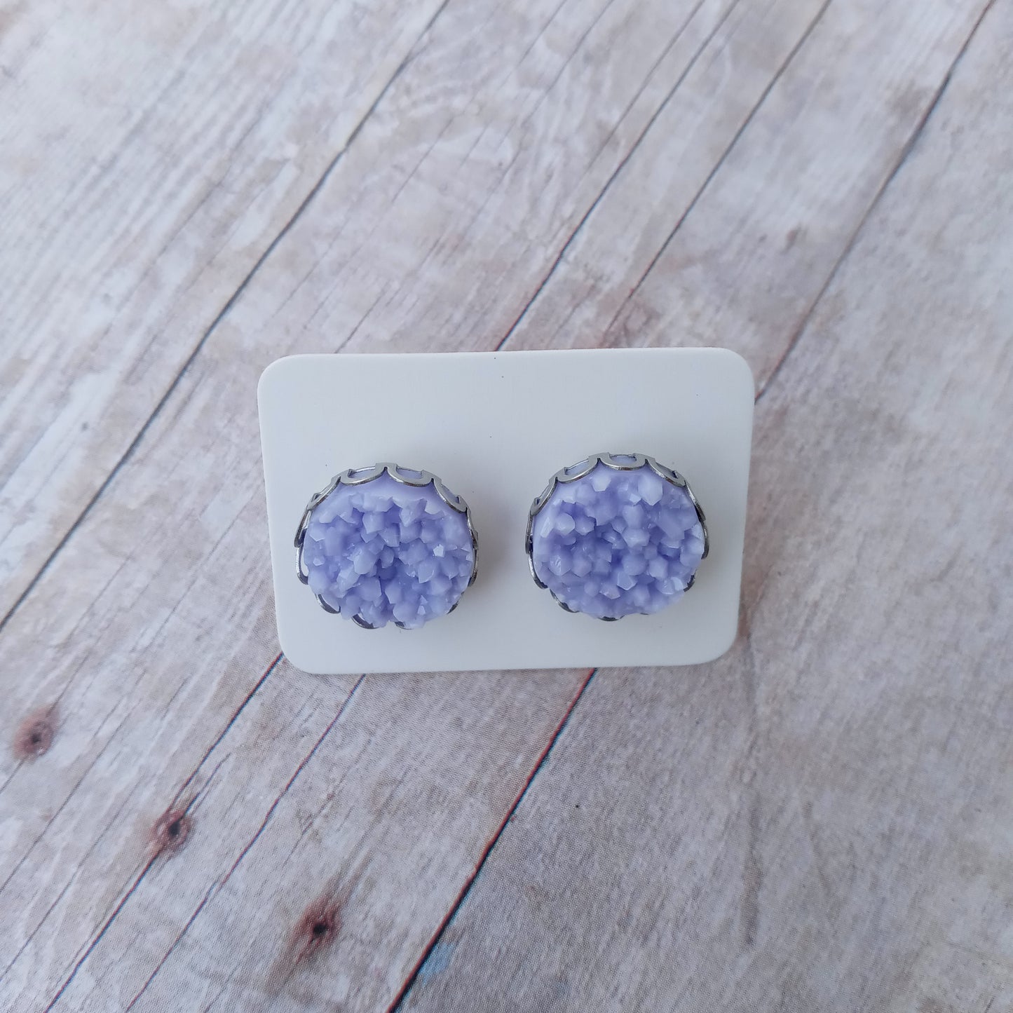 Light purple druzy stud earrings 12MM. Loop crown setting