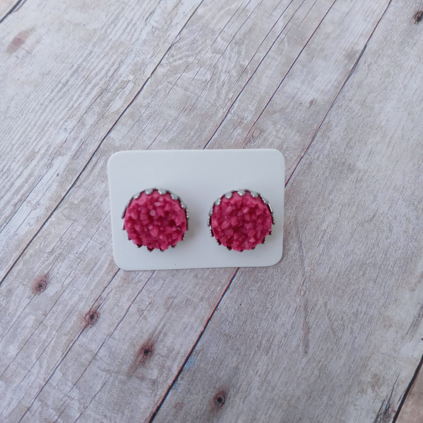 Pink druzy stud earrings 12MM crown setting