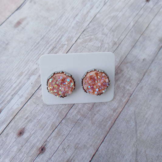 Glitzy pink druzy stud earrings 12MM