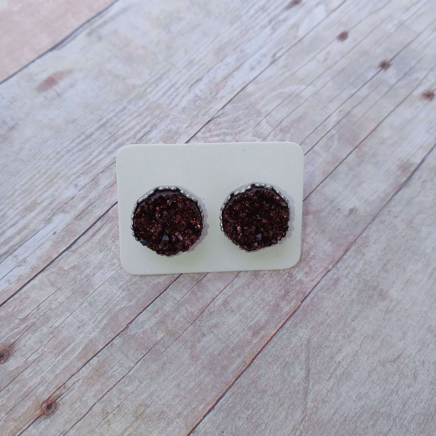 Glitzy coffee druzy stud earrings 12MM loop crown setting