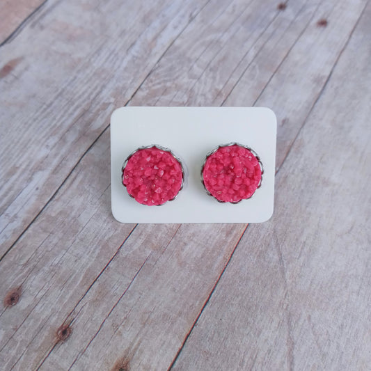 Berry pink druzy stud earrings 12MM in loop crown setting