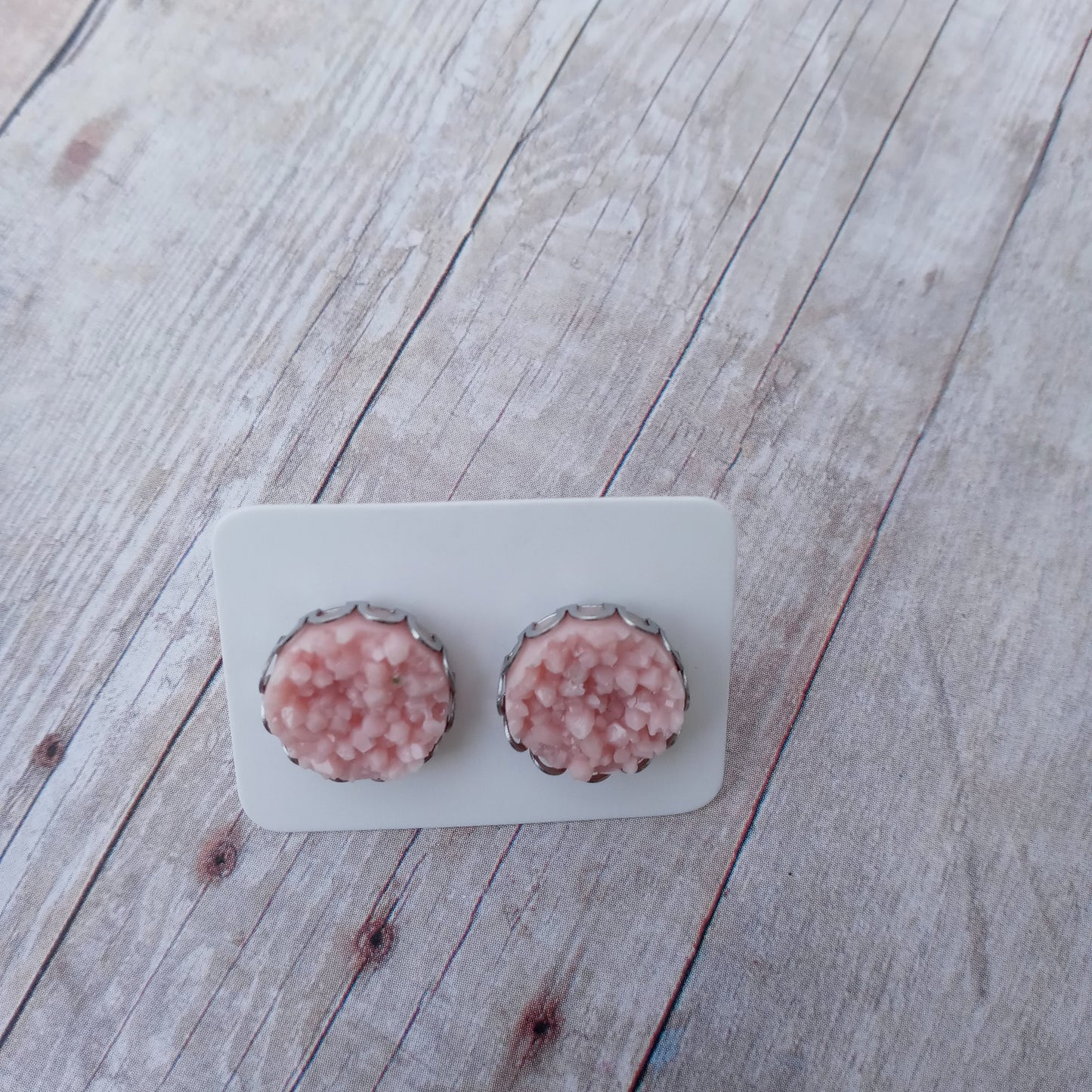 Light pink druzy stud earrings 12MM in loop crown setting