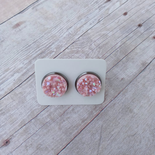 Glitzy light pink druzy stud earrings 12MM