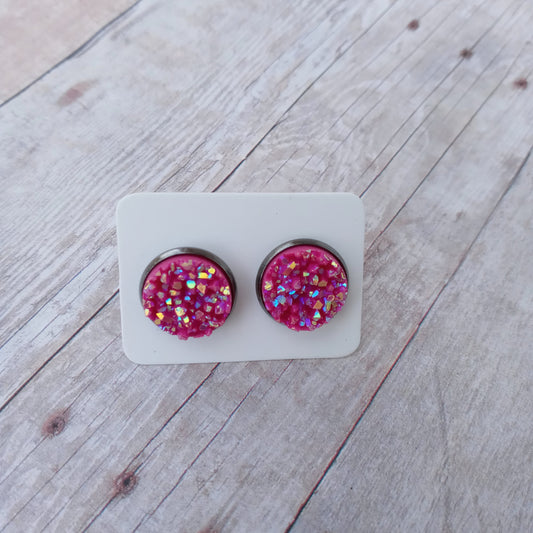 Glitzy raspberry druzy stud earrings 12MM