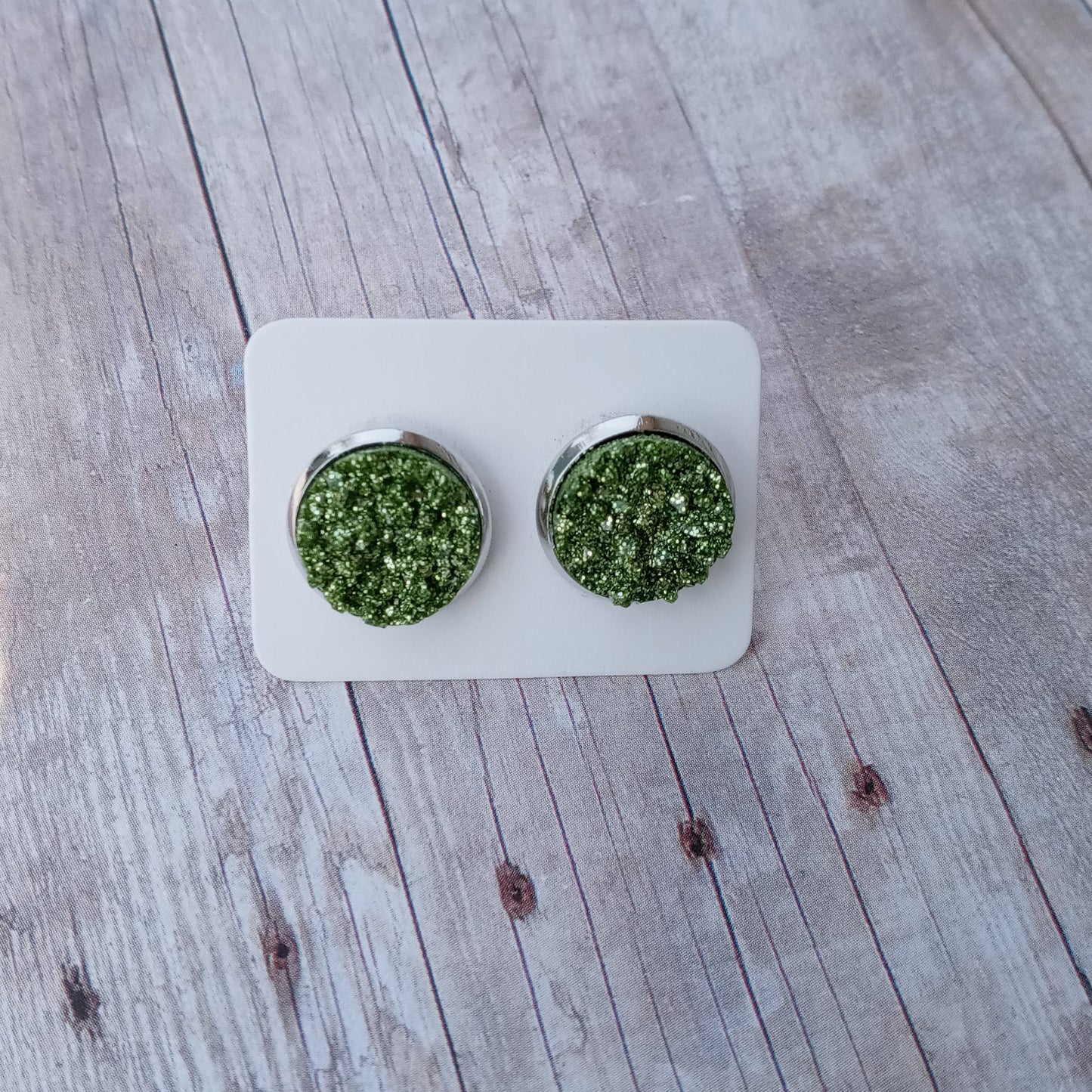 Glitzy green druzy stud earrings 12MM