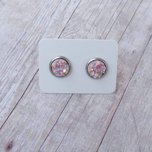 Glitzy pink druzy stud earrings 8MM