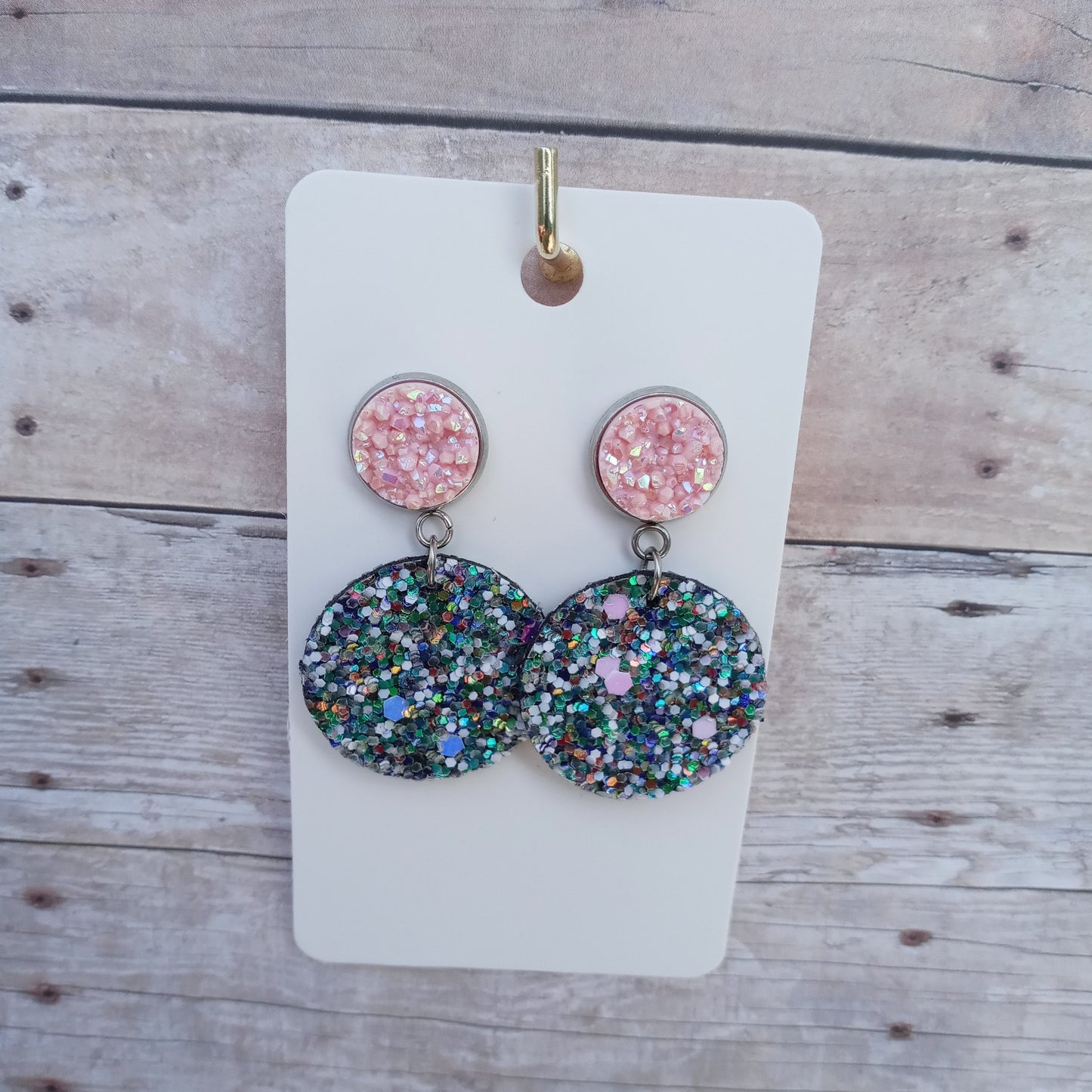 Grey multi-color glitter with glitzy pink druzy earrings