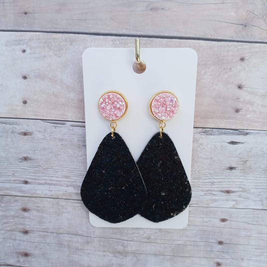 Glitzy pink druzy with black glitter dangle