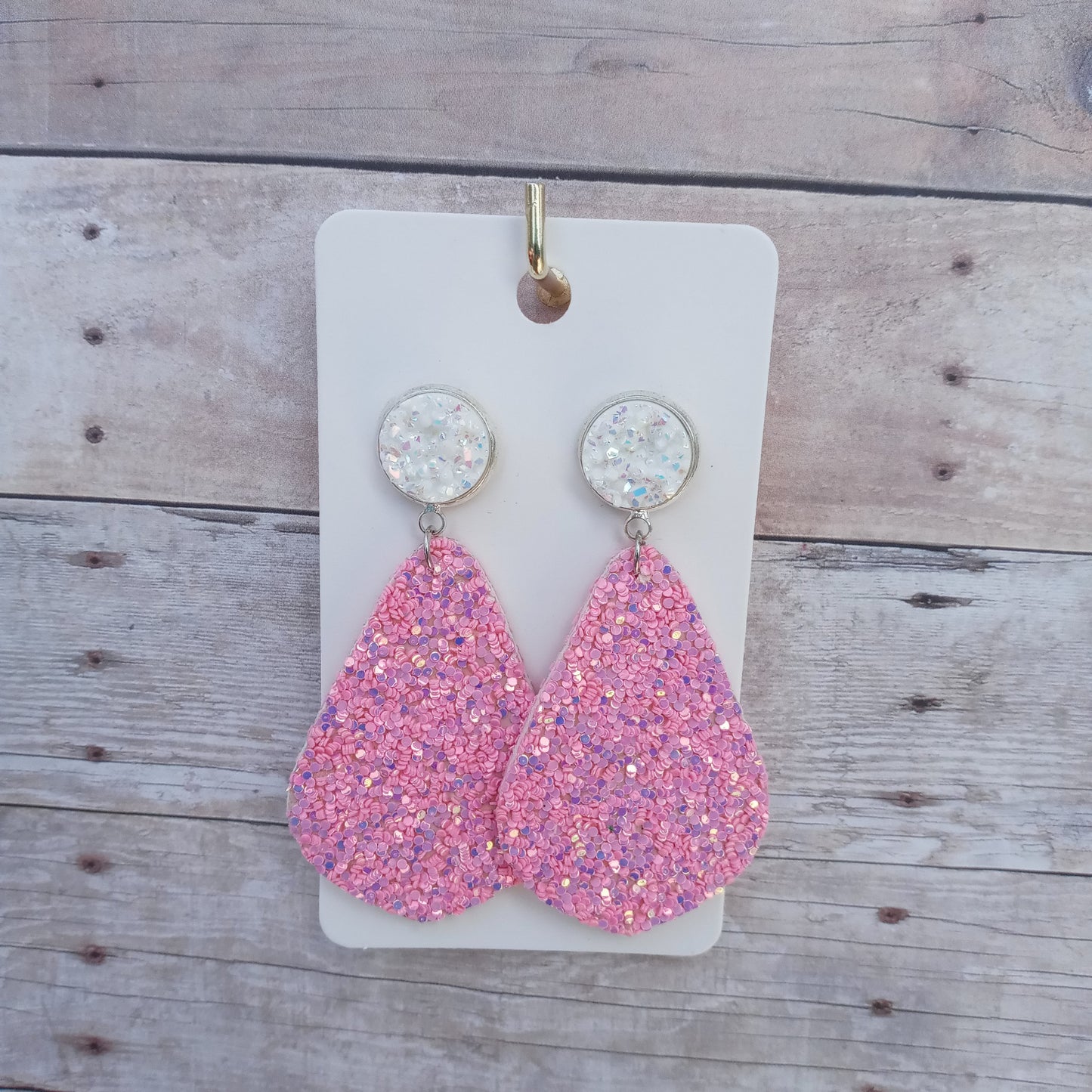 White druzy with multi-color pink and purple glitter dangle