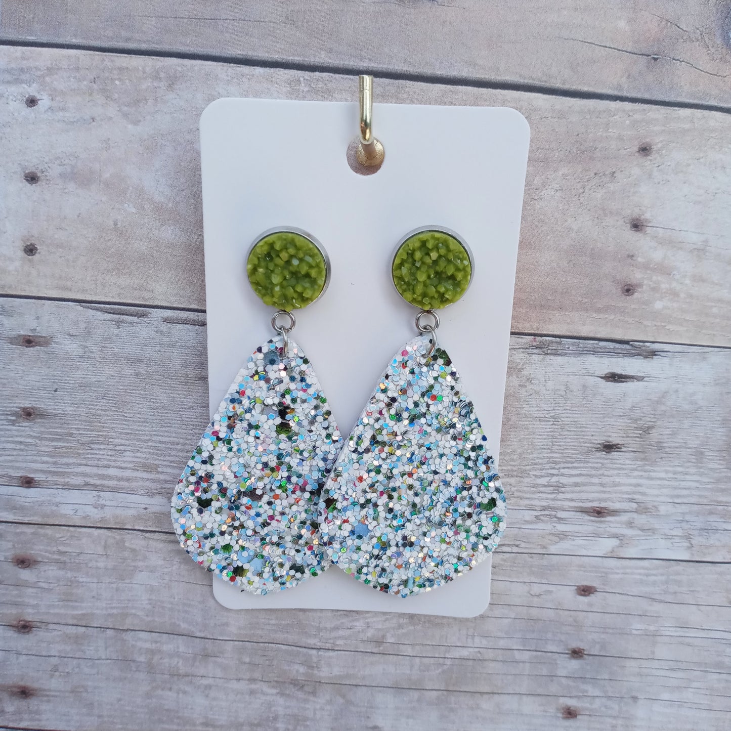 Olive green druzy with multi-color glitter dangle