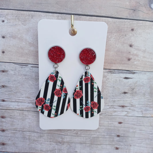 Black and white stripes with roses and red druzy dangle