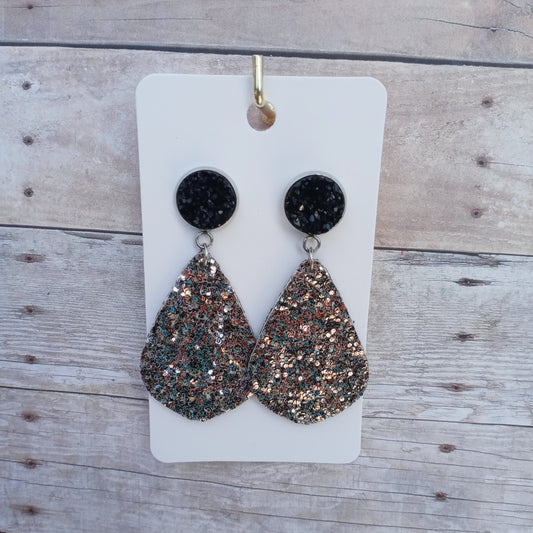 Grey glitter and black  druzy dangle