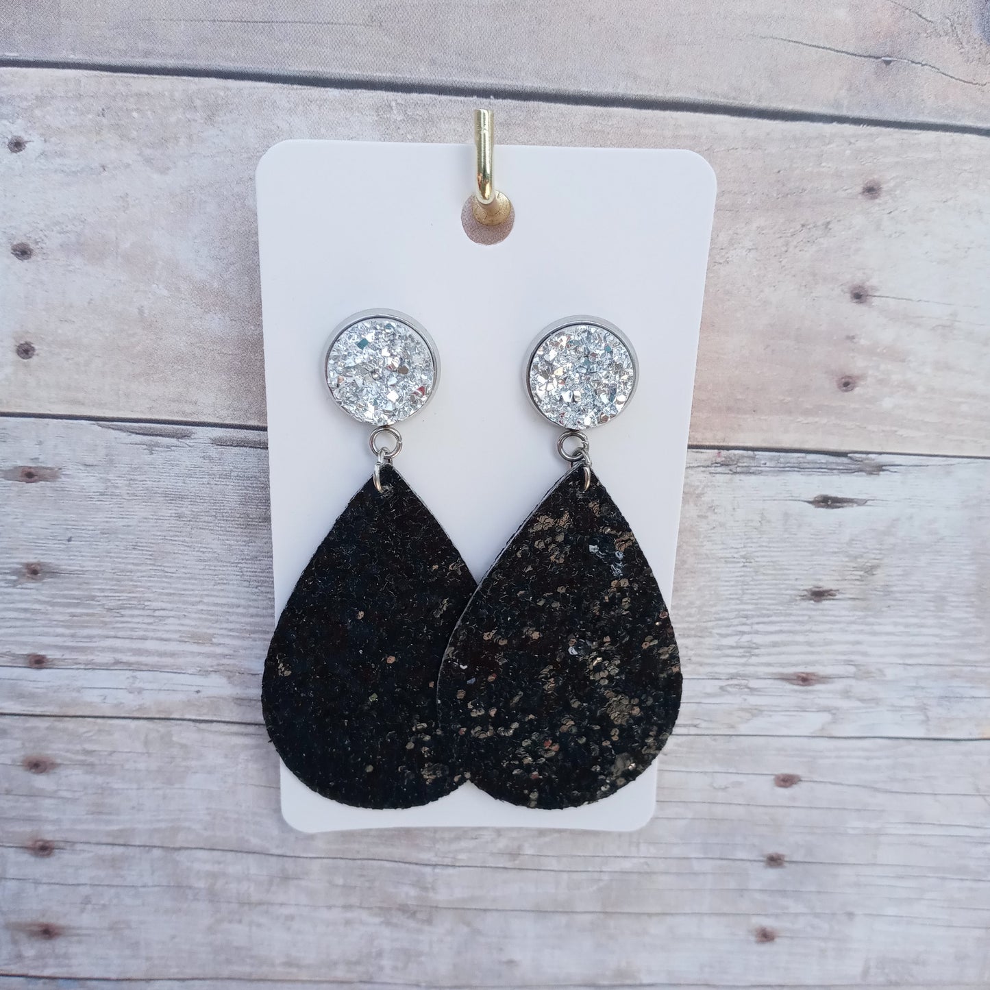 Black glitter and silver druzy dangle