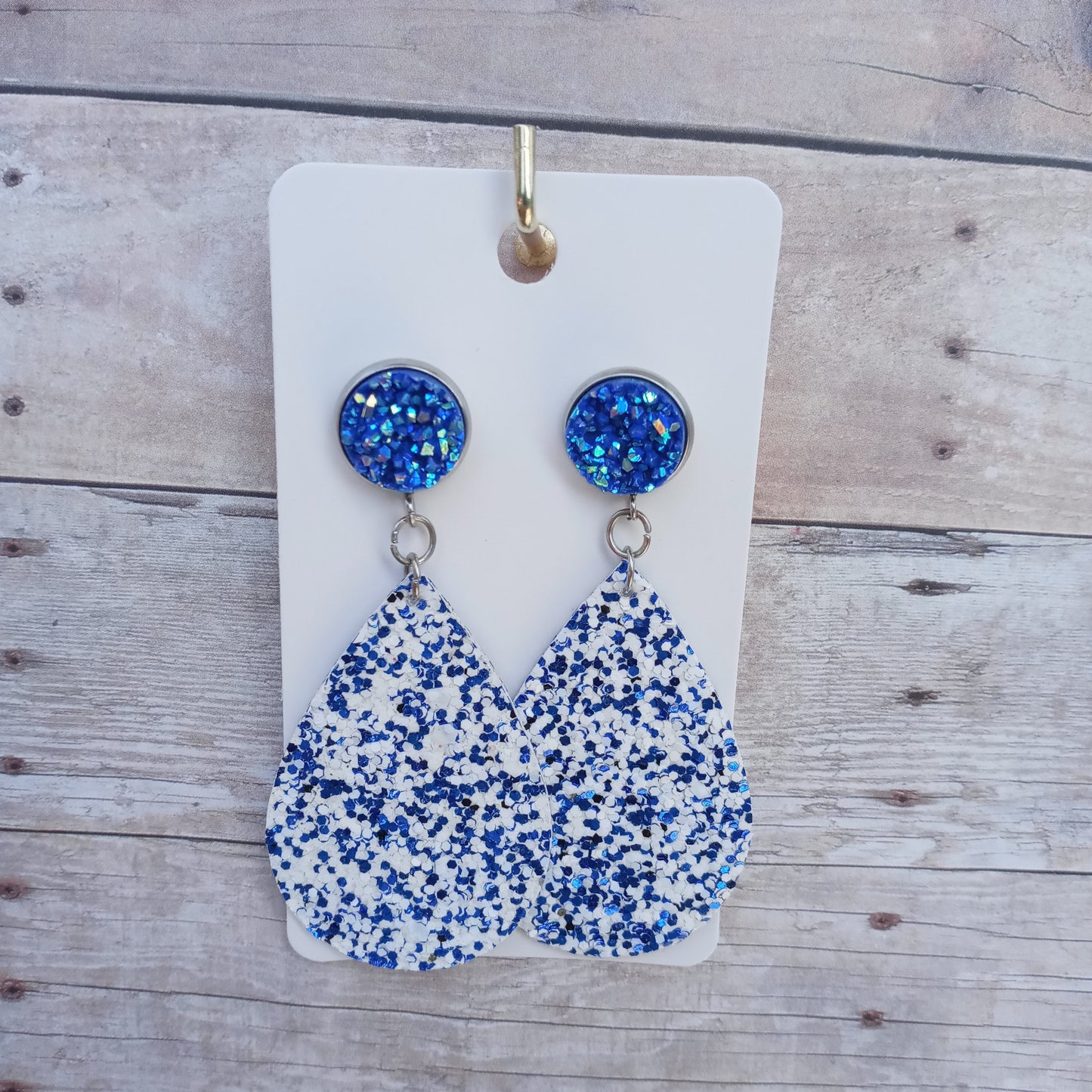 Blue and white glitter with blue druzy dangle