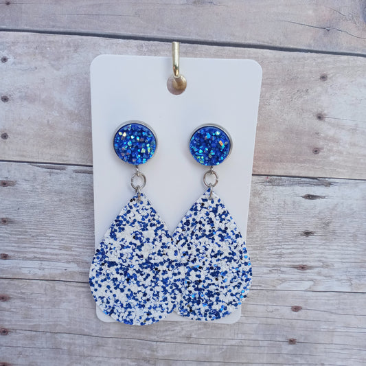 Blue and white glitter with blue druzy dangle