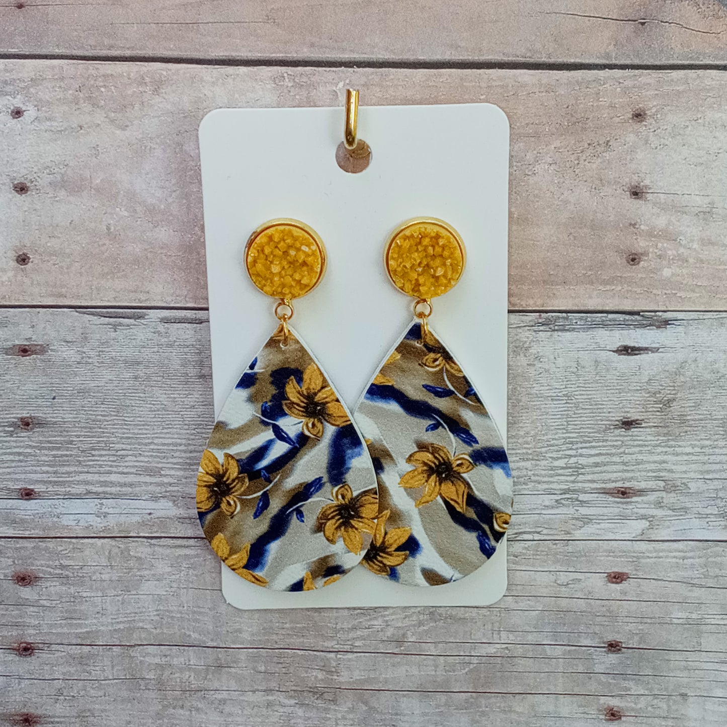 Mustard druzy with mustard/dark blue floral dangle earrings