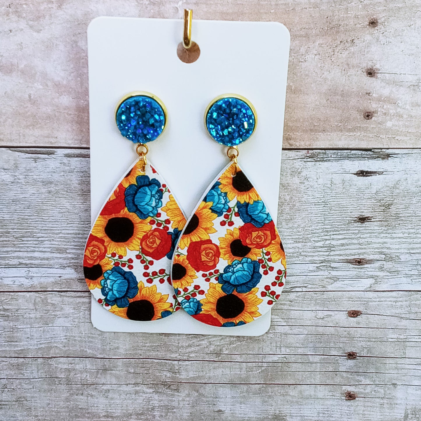 Blue druzy with floral dangle earrings