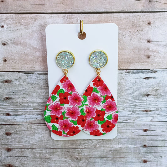 Clear druzy with red/pink floral dangle earrings