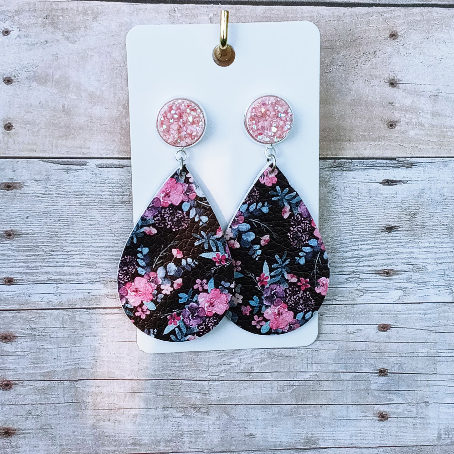 Light pink druzy with dark floral dangle earrings