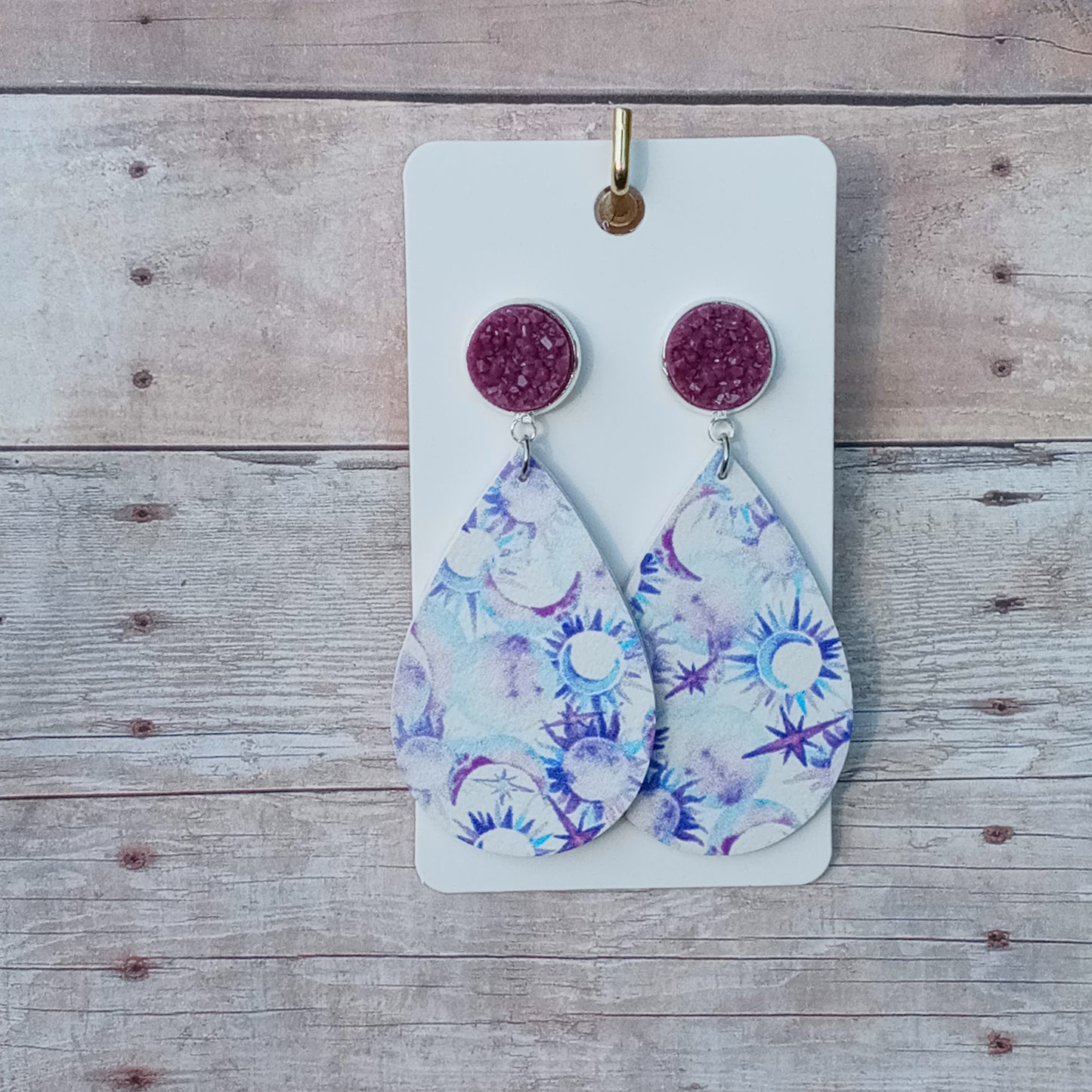 Plum druzy with star/moon dangle earrings