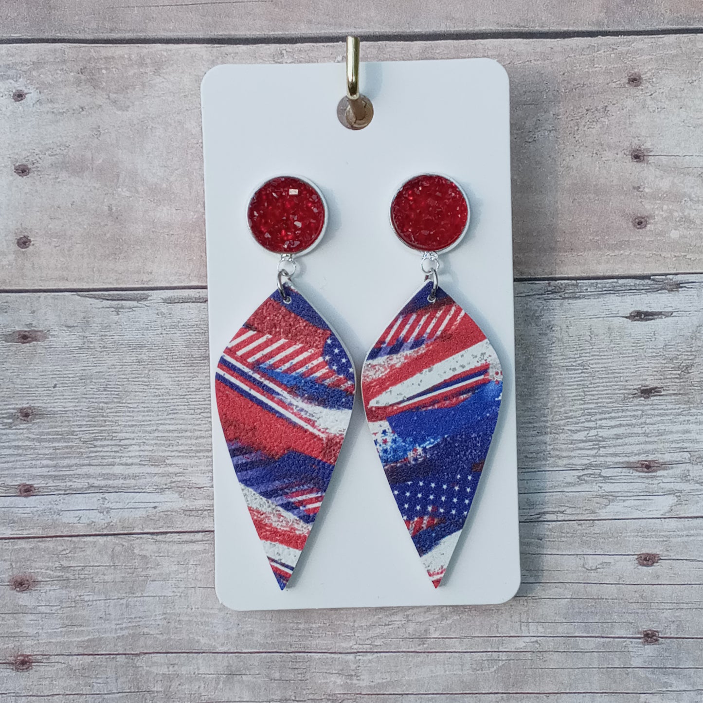 Red druzy r/w/b dangle earrings