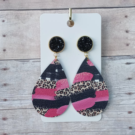 Black druzy with cheetah/pink brushstroke dangle earrings